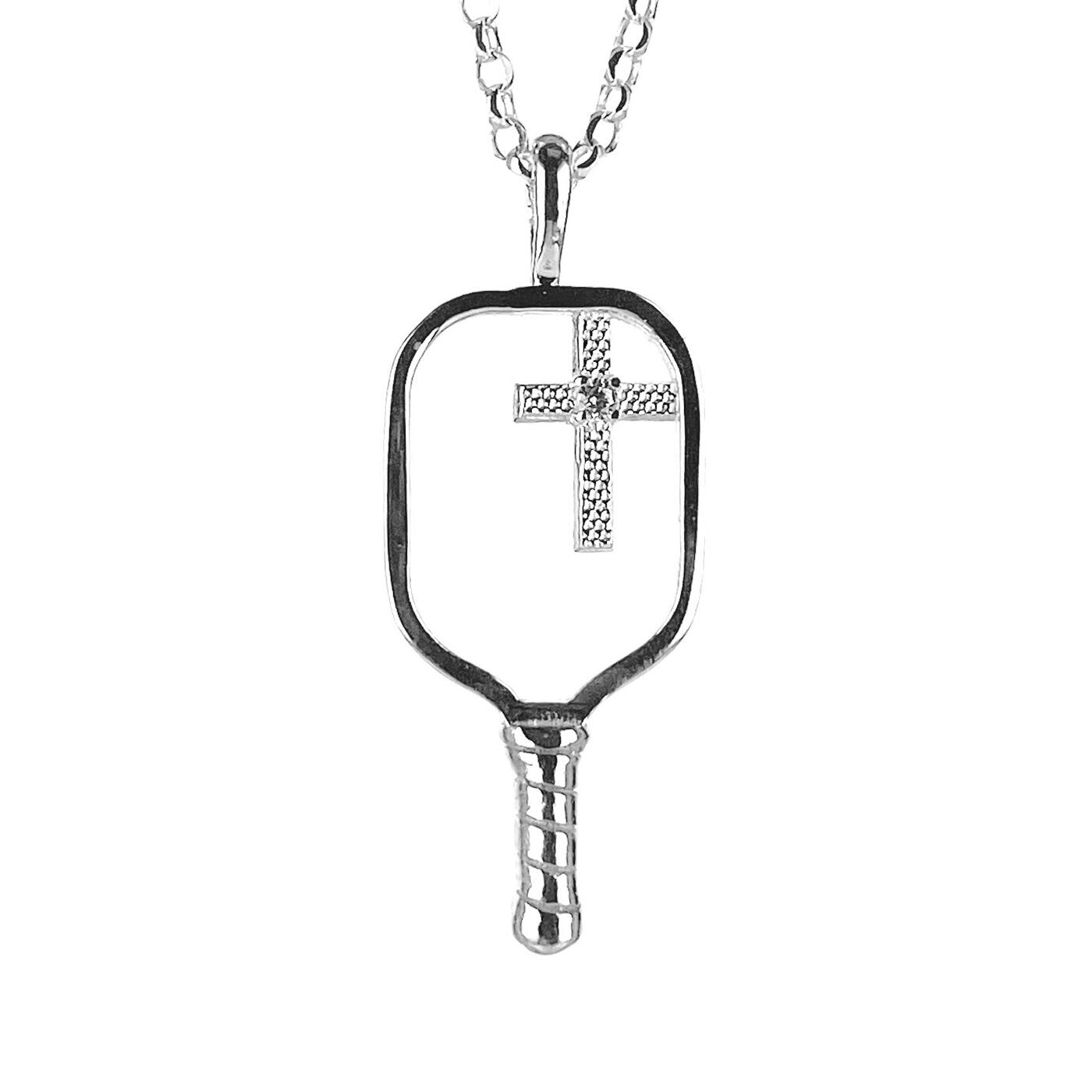 Sterling Silver & CZ Pickleball Pendant with Cross including chain