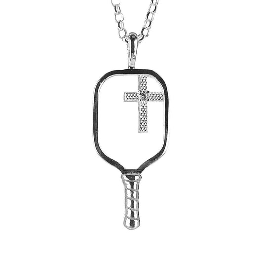 Sterling Silver & CZ Pickleball Pendant with Cross including chain