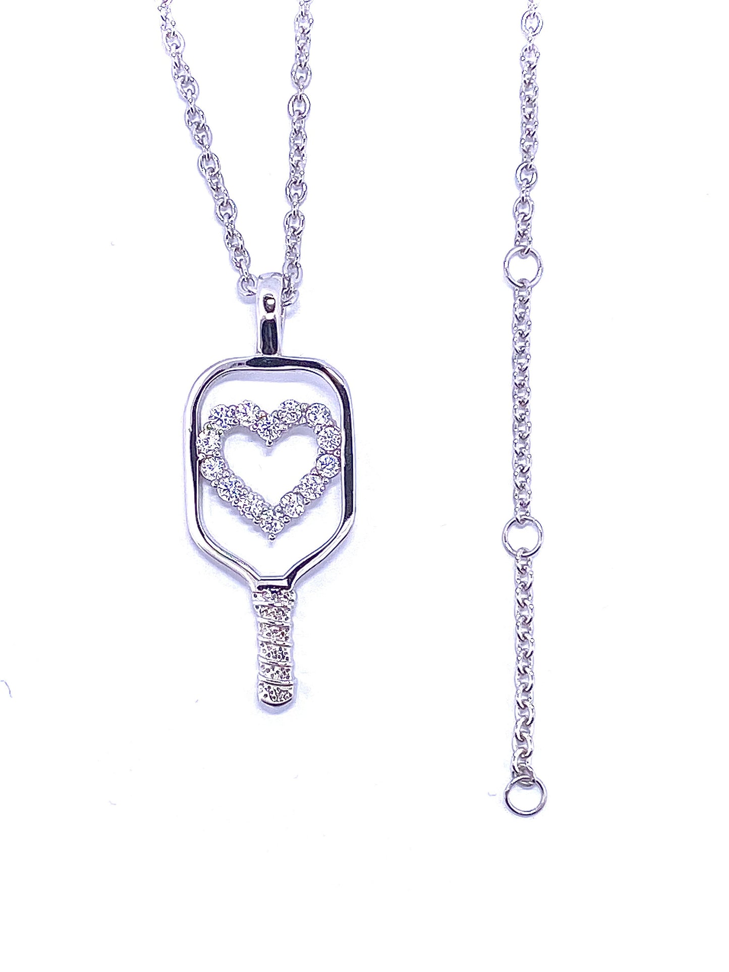 Large Sterling Silver and CZ Heart Pickleball Pendant including 2.3mm Sterling Silver Cable chain adjustable to wear at 16", 17" or 18"