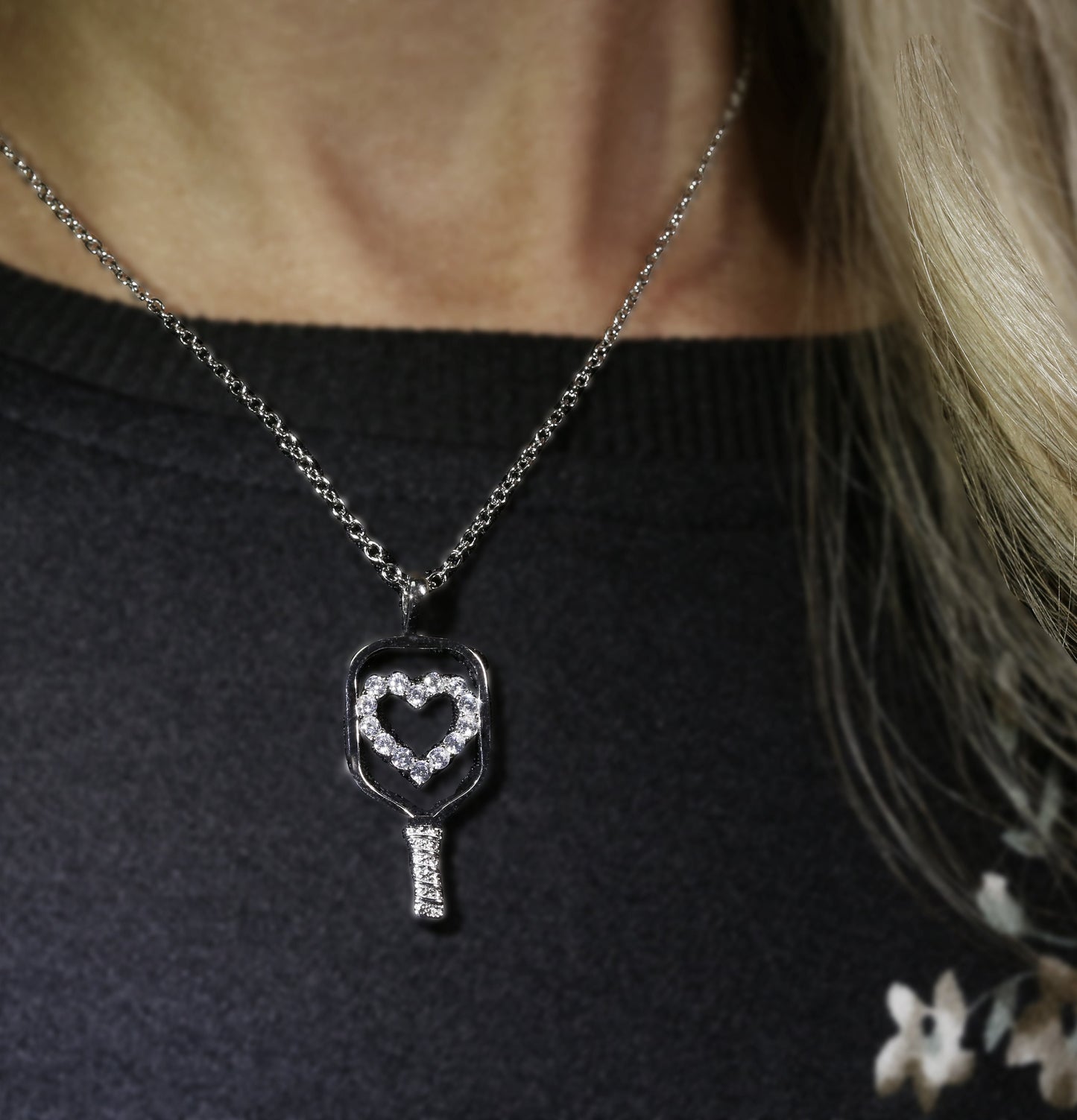 Large Sterling Silver and CZ Heart Pickleball Pendant including 2.3mm Sterling Silver Cable chain adjustable to wear at 16", 17" or 18"