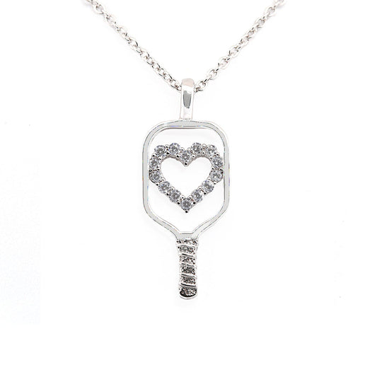 Medium Sterling Silver and CZ Heart Pickleball Pendant including 1.5mm Sterling Silver Cable chain adjustable to wear at 16", 17" or 18"