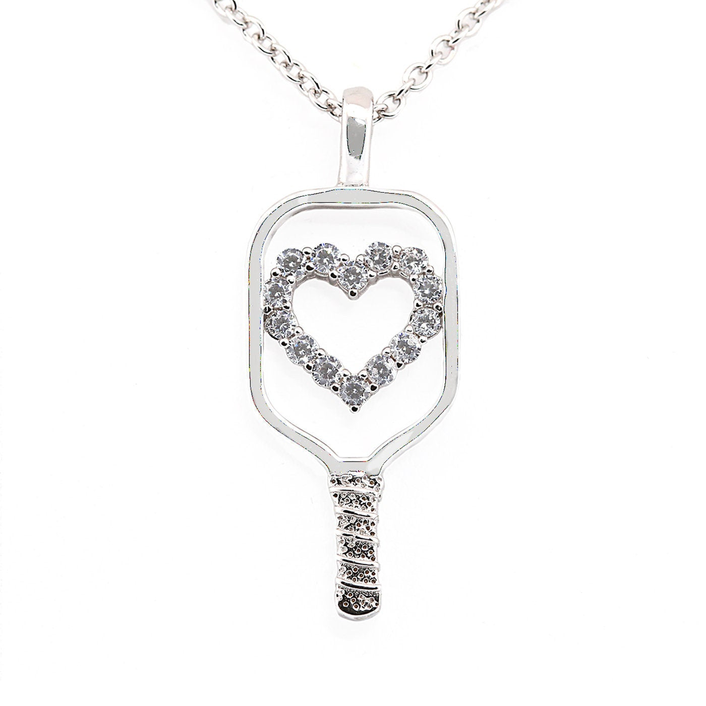 Large Sterling Silver and CZ Heart Pickleball Pendant including 2.3mm Sterling Silver Cable chain adjustable to wear at 16", 17" or 18"