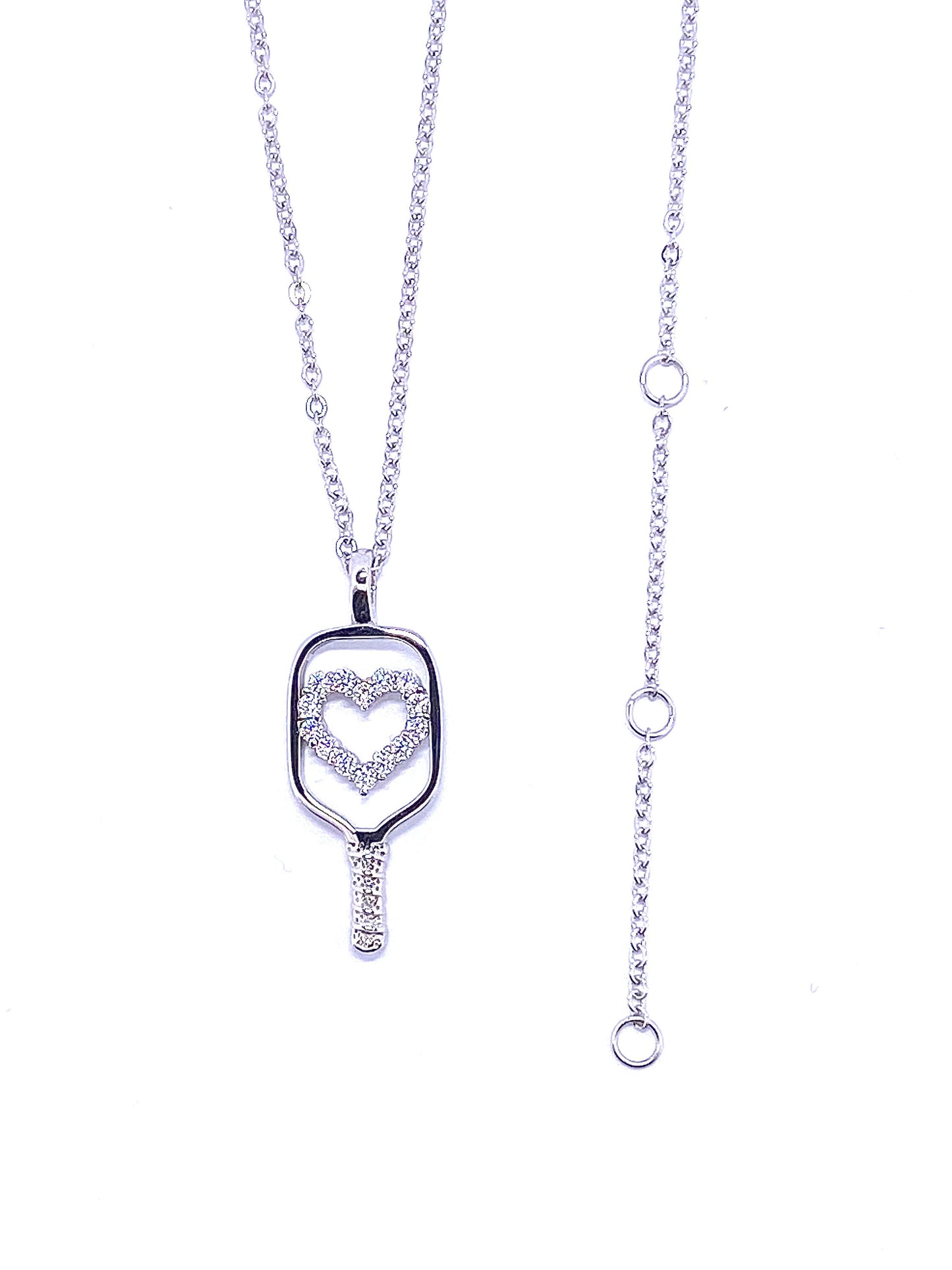 Medium Sterling Silver and CZ Heart Pickleball Pendant including 1.5mm Sterling Silver Cable chain adjustable to wear at 16", 17" or 18"