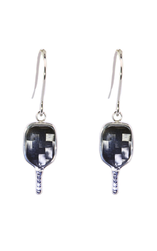 White Stainless Steel with Black Carbon Fiber Dangling Pickleball Paddle Earrings